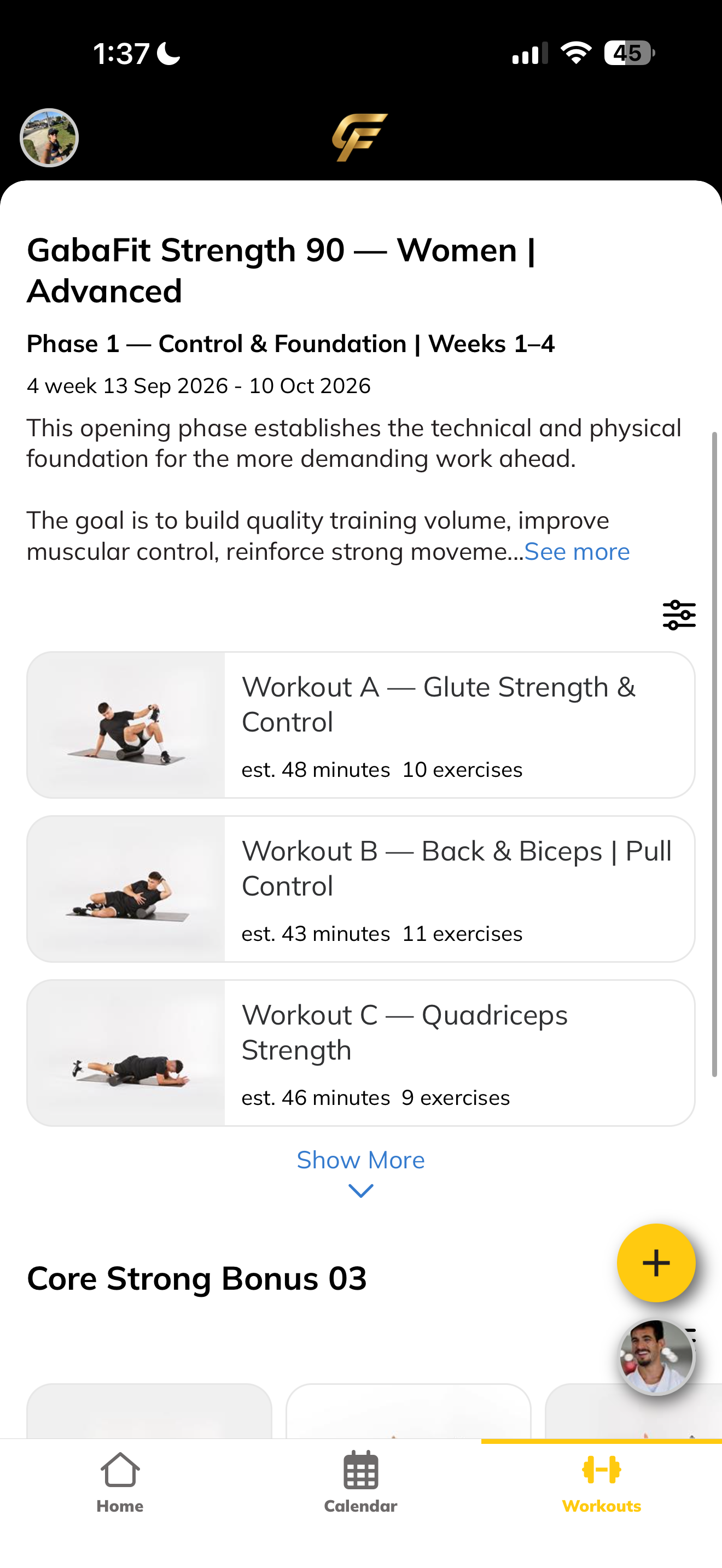 GabaFit Strength 90 program with phase overview and organized workouts
