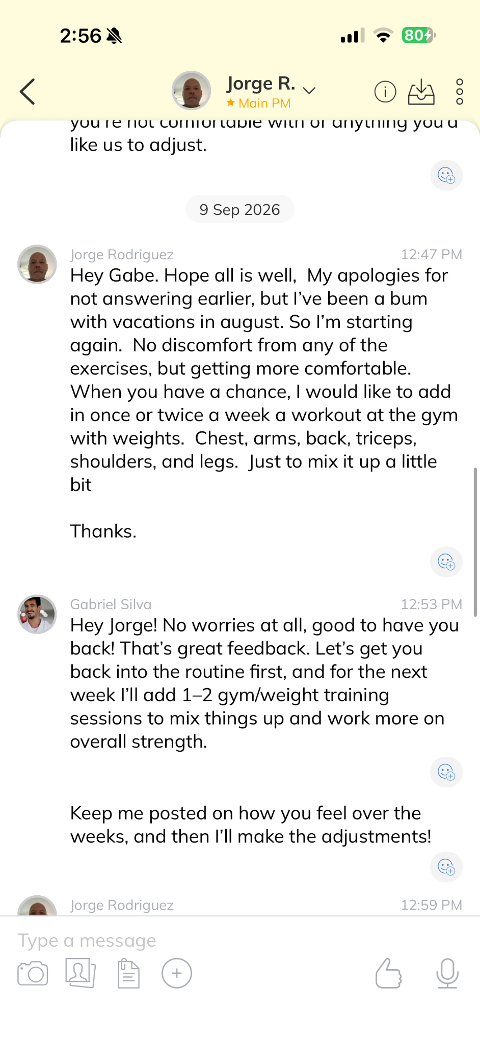 Client and Coach Gabriel discussing a return to training and gym workouts