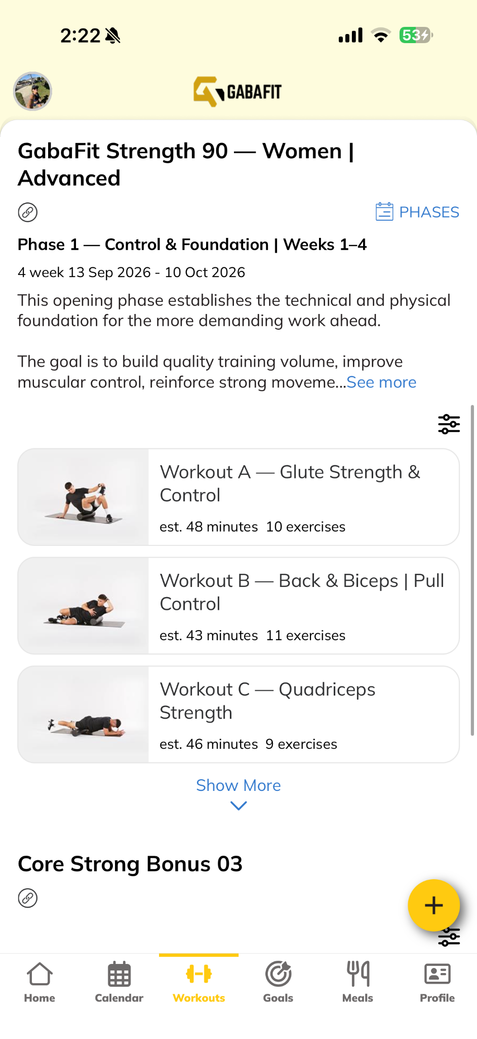 Real GabaFit app screenshot showing a training phase and organized workouts