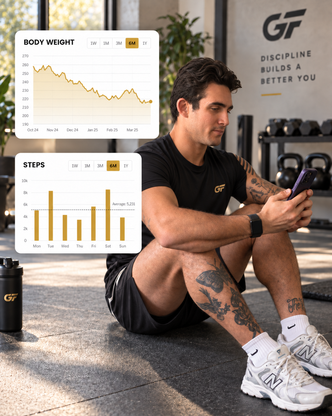 Coach Gabriel reviewing GabaFit body-weight and steps tracking on his phone